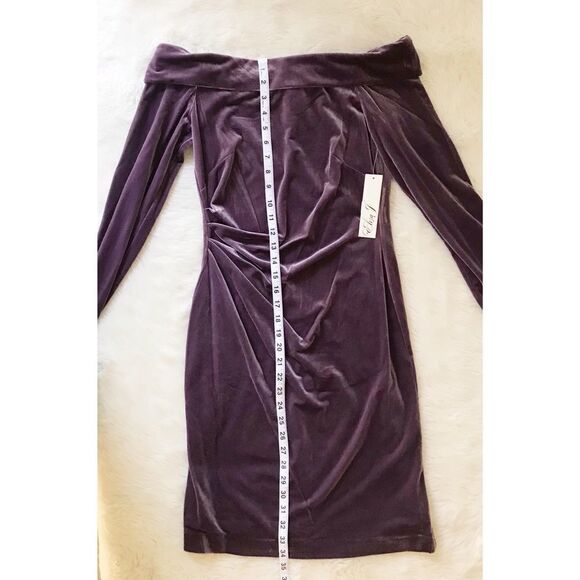ELIZA J Velvet Off The Shoulder Dress Long Sleeve Short Sheath Purple Size 8 New - Picture 15 of 16
